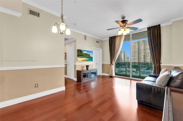 1945 S Ocean Dr Unit 604, Hallandale Beach, FL 33009 - living area featuring wood finished floors, ceiling fan, and ornamental molding