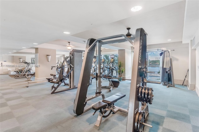 exercise room with recessed lighting, carpet floors, baseboards, and ceiling fan