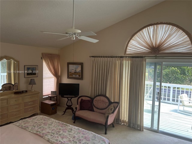 721 Spring Lake Dr, Melbourne, FL 32940 - carpeted bedroom featuring access to exterior, a ceiling fan, and lofted ceiling