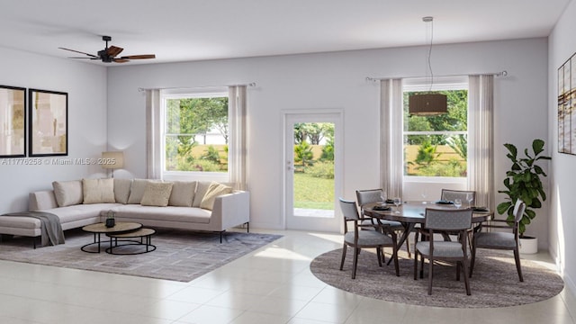 living room with ceiling fan
