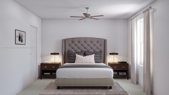 carpeted bedroom featuring baseboards and ceiling fan
