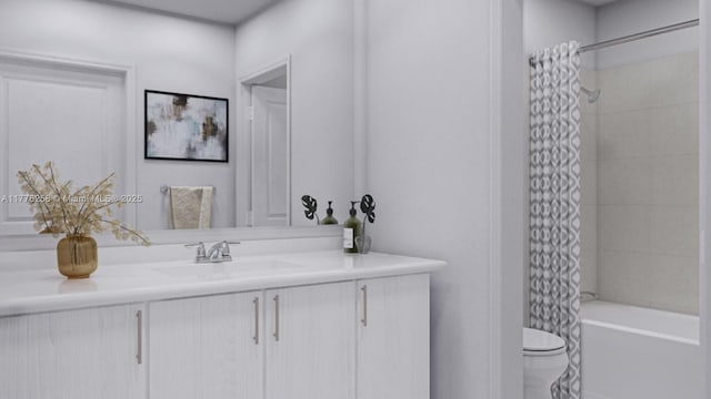 full bath featuring toilet, vanity, and shower / tub combo with curtain