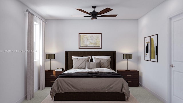carpeted bedroom with a ceiling fan and baseboards