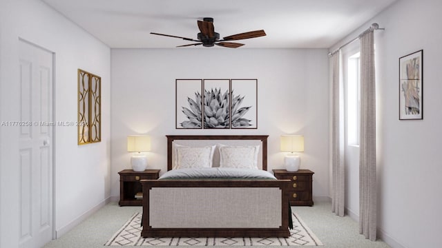 bedroom with light carpet, baseboards, and a ceiling fan