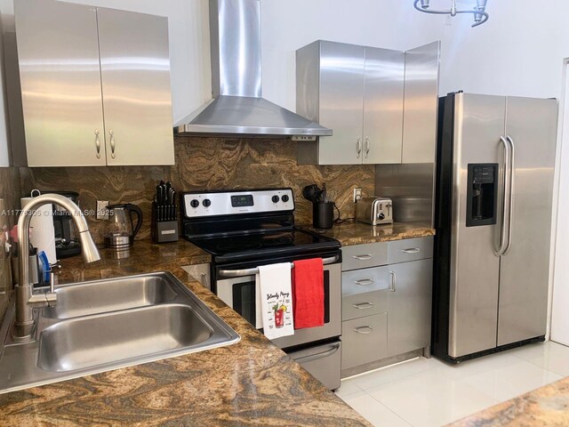 19501 E Country Club Dr Unit 9102, Aventura, FL 33180 - kitchen featuring a sink, tasteful backsplash, appliances with stainless steel finishes, wall chimney range hood, and dark countertops