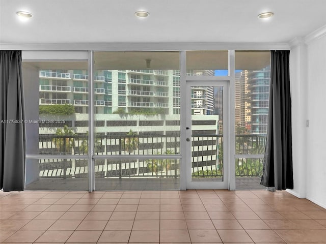 1408 Brickell Bay Dr Unit 816, Miami, FL 33131 - interior space with crown molding, floor to ceiling windows, tile patterned flooring, and recessed lighting
