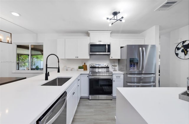 kitchen with light countertops, visible vents, stainless steel appliances, white cabinetry, and a sink