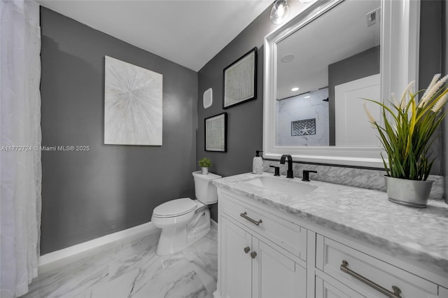 bathroom featuring vanity, toilet, baseboards, marble finish floor, and visible vents