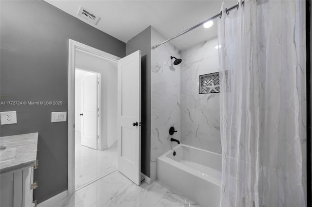 full bathroom featuring marble finish floor, shower / bathtub combination with curtain, visible vents, and vanity