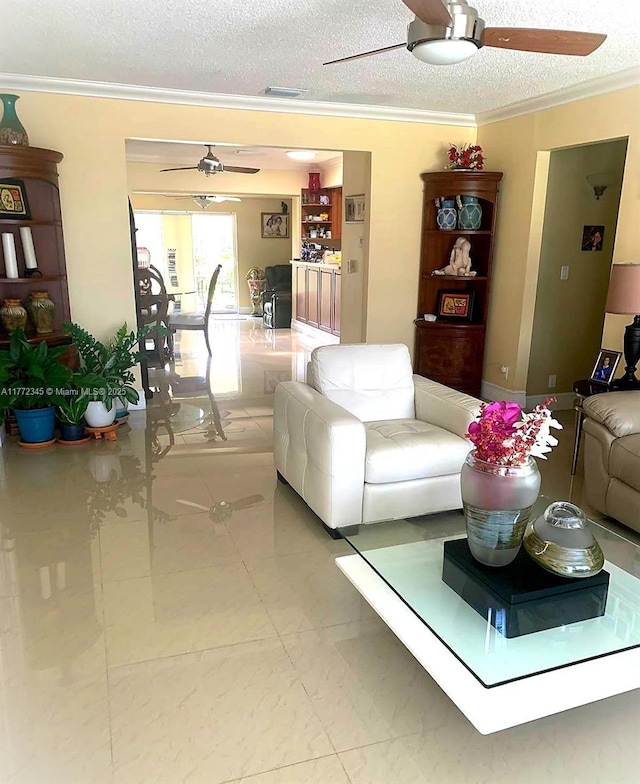 3190 NW 66th Dr, Fort Lauderdale, FL 33309 - living room with a ceiling fan, ornamental molding, and a textured ceiling
