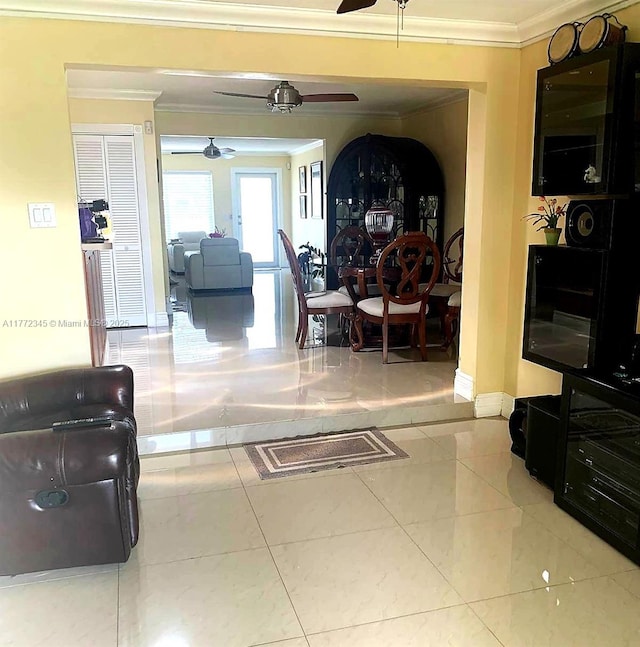 3190 NW 66th Dr, Fort Lauderdale, FL 33309 - living room featuring crown molding, a ceiling fan, baseboards, and tile patterned flooring