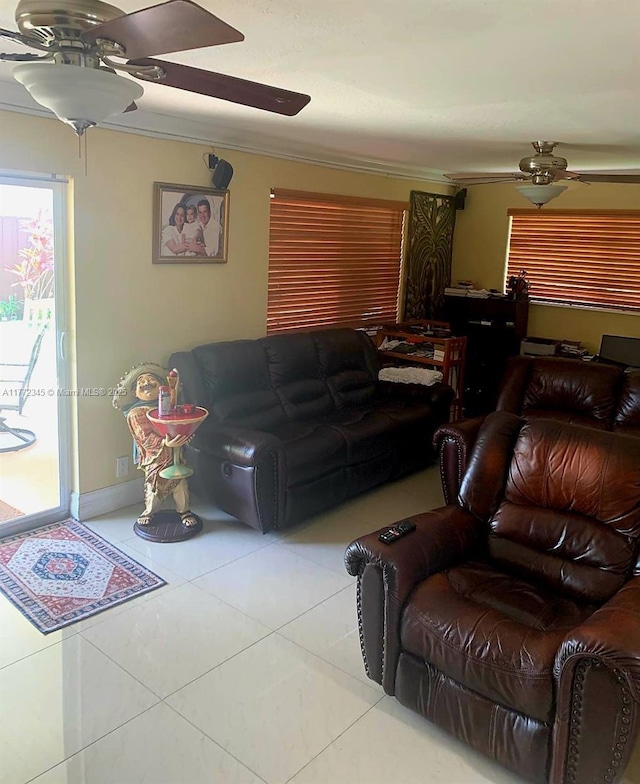 3190 NW 66th Dr, Fort Lauderdale, FL 33309 - tiled living room featuring ceiling fan and ornamental molding