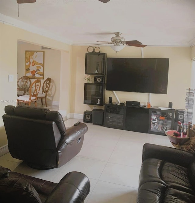 3190 NW 66th Dr, Fort Lauderdale, FL 33309 - living room with a ceiling fan, tile patterned flooring, and crown molding