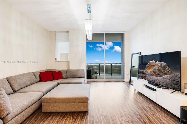 living area featuring expansive windows and wood finished floors
