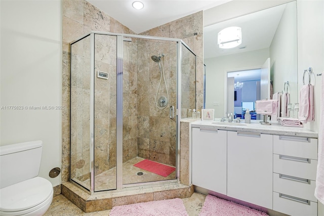 bathroom with toilet, vanity, and a stall shower