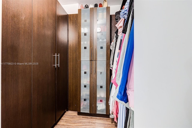 walk in closet with elevator and wood finished floors