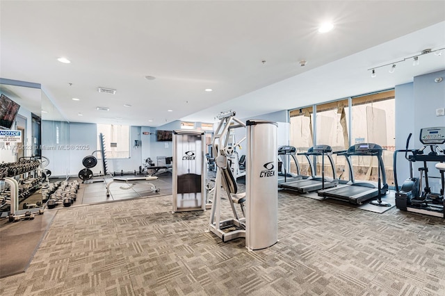 workout area featuring carpet floors, track lighting, recessed lighting, and visible vents