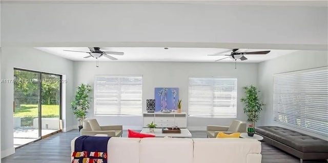 9380 SW 179th Ter, Palmetto Bay, FL 33157 - living area featuring ceiling fan, wood finished floors, and baseboards