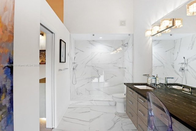 3543 S Ocean Blvd Unit 103, South Palm Beach, FL 33480 - bathroom featuring marble finish flooring, vanity, a marble finish shower, and a chandelier