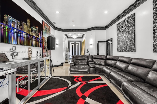living area featuring baseboards, visible vents, recessed lighting, and crown molding