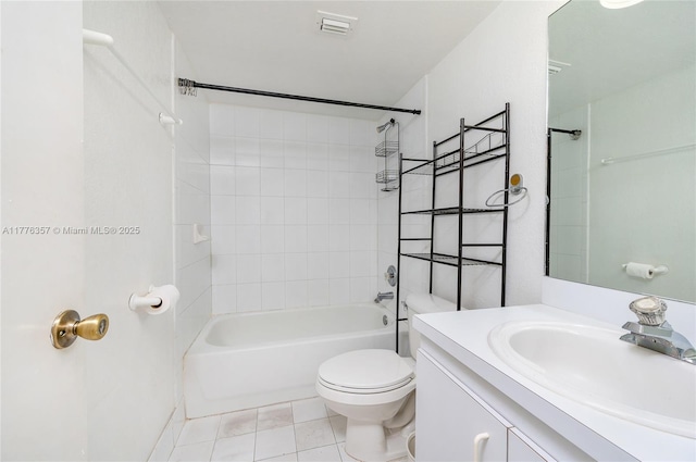 full bathroom featuring tile patterned floors, toilet, vanity, tub / shower combination, and visible vents