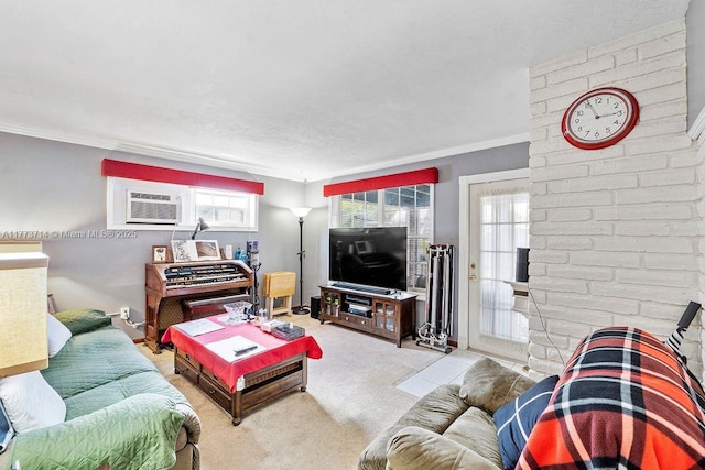 living room featuring light carpet, a wall mounted air conditioner, and crown molding