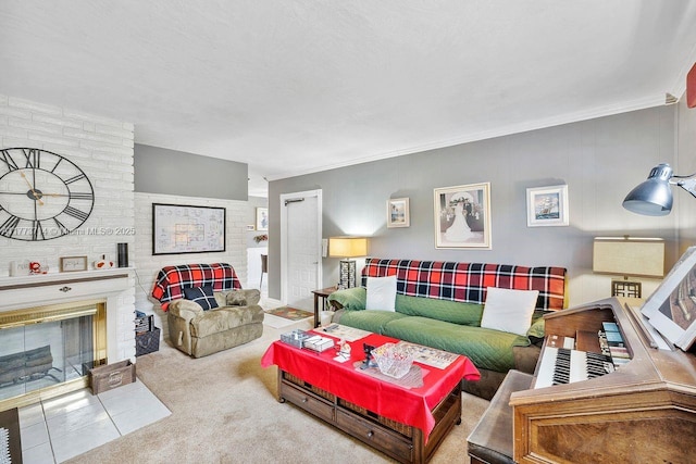 carpeted living area featuring a fireplace and ornamental molding
