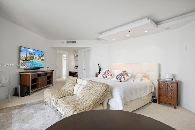 carpeted bedroom featuring visible vents and recessed lighting