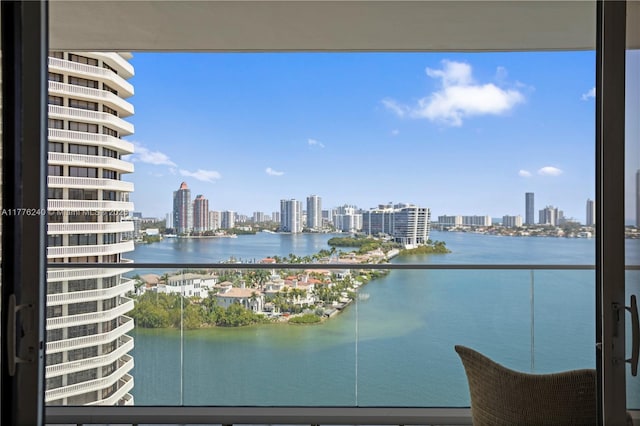 view of water feature with a view of city