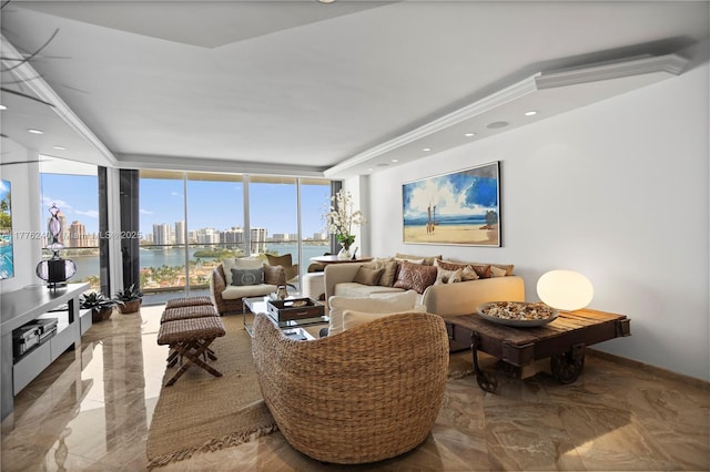 living room featuring a city view, baseboards, marble finish floor, recessed lighting, and expansive windows