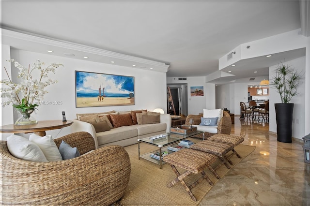 living area featuring marble finish floor, visible vents, and recessed lighting