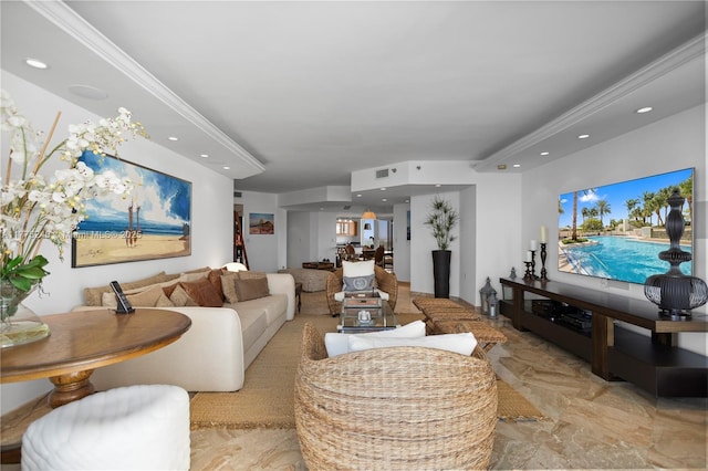 living area featuring marble finish floor, visible vents, recessed lighting, and crown molding