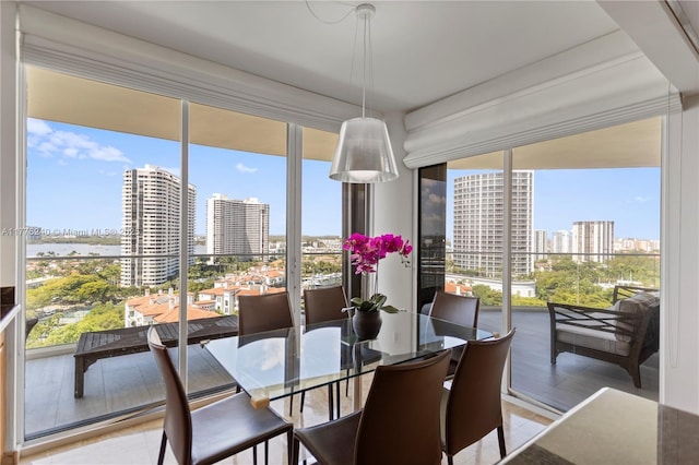 dining space featuring a view of city, wood finished floors, and a wall of windows