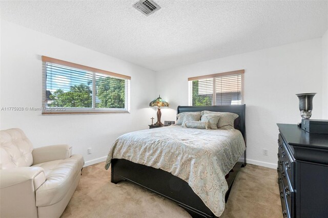 bedroom with a textured ceiling, multiple windows, and light carpet