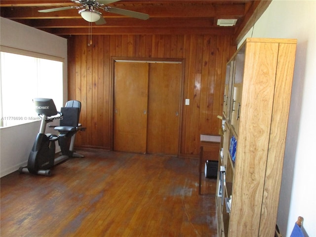 105 NW 32nd Pl, Miami, FL 33125 - office area featuring ceiling fan, beamed ceiling, wood finished floors, and wood walls