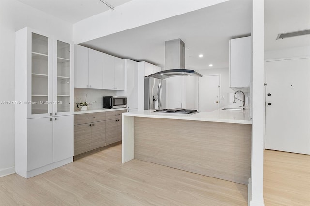 700 Biltmore Way Unit 402, Coral Gables, FL 33134 - kitchen with island range hood, stainless steel appliances, a sink, light wood-style flooring, and glass insert cabinets