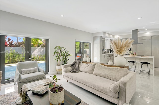 living room featuring french doors and recessed lighting