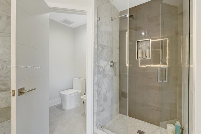 full bath with a shower stall, visible vents, toilet, and tile patterned flooring