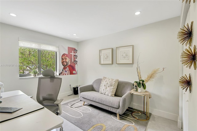 home office featuring baseboards and recessed lighting