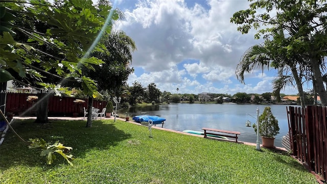 view of yard featuring a water view and fence