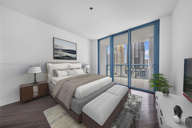 333 Las Olas Way Unit 1602, Fort Lauderdale, FL 33301 - bedroom with baseboards, floor to ceiling windows, dark wood-style flooring, and access to outside