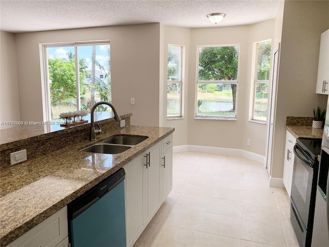 10521 SW 13th Ct, Pembroke Pines, FL 33025 - kitchen featuring a sink, dishwashing machine, white cabinetry, electric range, and stone countertops