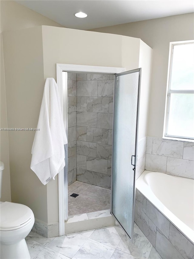 10521 SW 13th Ct, Pembroke Pines, FL 33025 - bathroom with recessed lighting, toilet, a shower stall, marble finish floor, and a garden tub