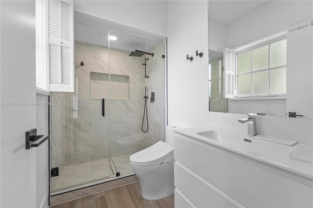 872 NE 79, Boca Raton, FL 33487 - full bath with toilet, wood finished floors, a stall shower, and vanity