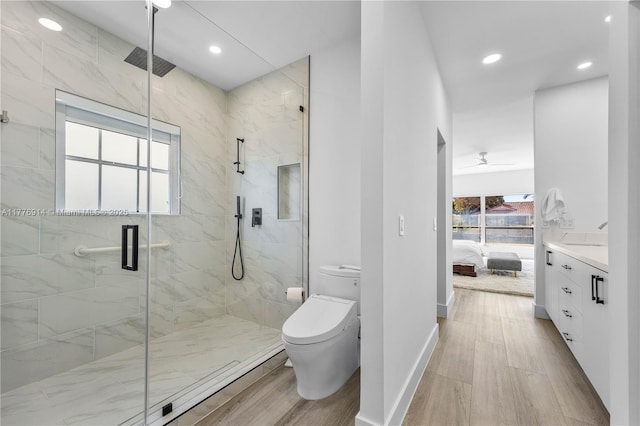 872 NE 79, Boca Raton, FL 33487 - ensuite bathroom featuring a marble finish shower, toilet, wood finished floors, baseboards, and recessed lighting