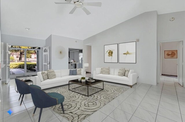 3881 Hidden Cypress Way, Lake Worth, FL 33467 - living area featuring healthy amount of natural light, ceiling fan, and high vaulted ceiling