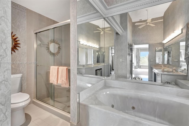 3881 Hidden Cypress Way, Lake Worth, FL 33467 - bathroom featuring ceiling fan, a tub with jets, a shower stall, and vanity