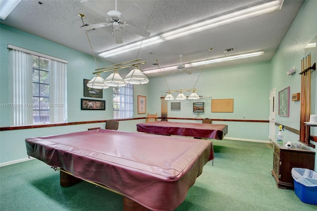 3881 Hidden Cypress Way, Lake Worth, FL 33467 - game room featuring carpet flooring, a textured ceiling, billiards table, and a ceiling fan