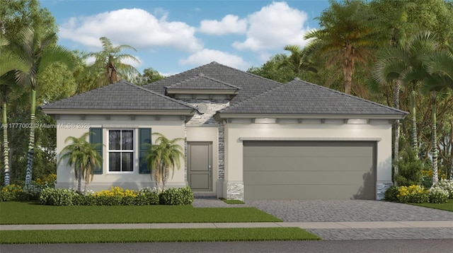 view of front of home featuring stucco siding, stone siding, decorative driveway, and an attached garage