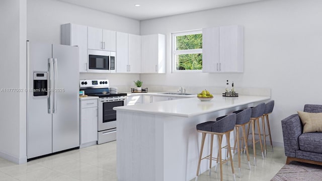 kitchen with white microwave, a kitchen bar, a peninsula, stainless steel refrigerator with ice dispenser, and electric range oven